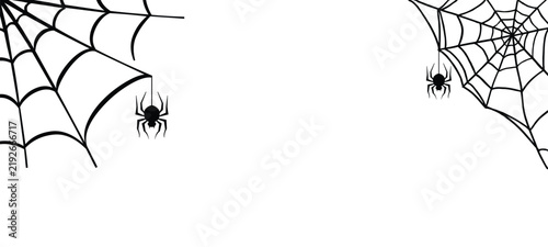 Halloween Spiderweb Corner Border Vector with Spooky Cobweb Frame Hanging Spiders and Creepy Black Silhouettes Design Element