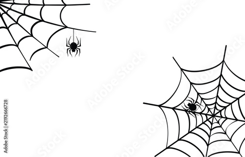 Halloween Spiderweb Corner Border Vector with Spooky Cobweb Frame Hanging Spiders and Creepy Black Silhouettes Design Element
