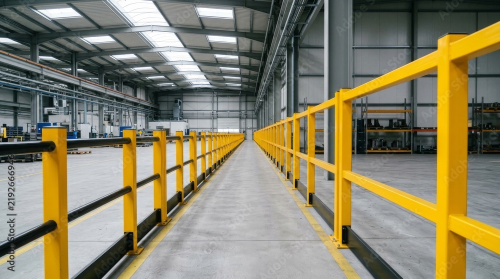 Obraz premium Yellow safety barrier walkway inside a large modern industrial warehouse building