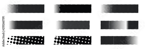 A collection of nine rectangular banners featuring various abstract black and white halftone dot patterns arranged in a grid for graphic design projects