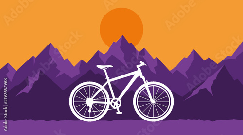 White bicycle silhouette against purple mountain sunset
