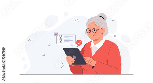 Elderly Woman Using Tablet for Online Tasks, Shopping, or Communication with Checkmarks