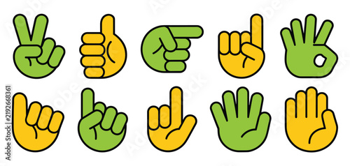 Set of ten flat hand gestures in yellow and green, including peace sign, thumbs up, pointing finger, number signs, and open palm with thick black outlines