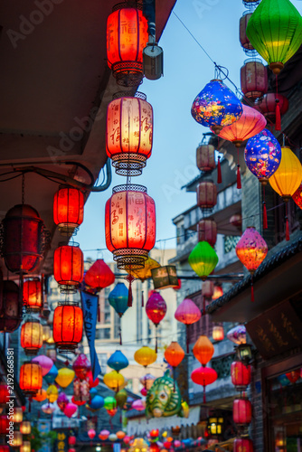 Festival lanterns. Night view of Yaxiang Street, Liaobu, Dongguan, China.