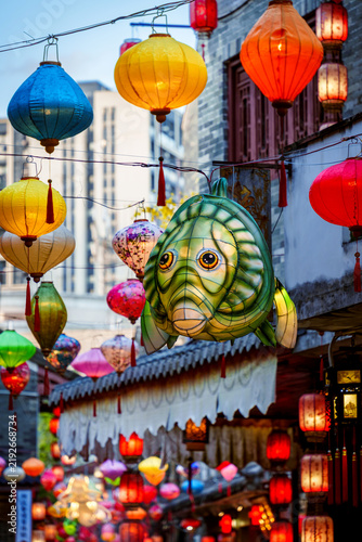 Festival lanterns. Night view of Yaxiang Street, Liaobu, Dongguan, China.