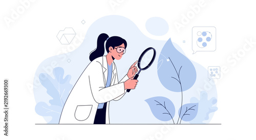 Female Scientist Examining Plant Leaves with Magnifying Glass, Research and Discovery Concept