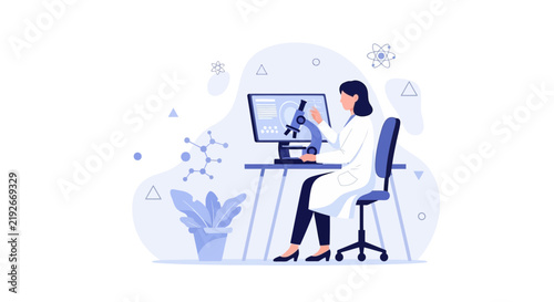 Female scientist working with microscope and computer in modern laboratory, science research and development concept