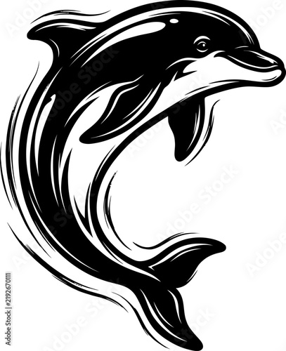 Black and white illustration of a jumping dolphin mascot logo design