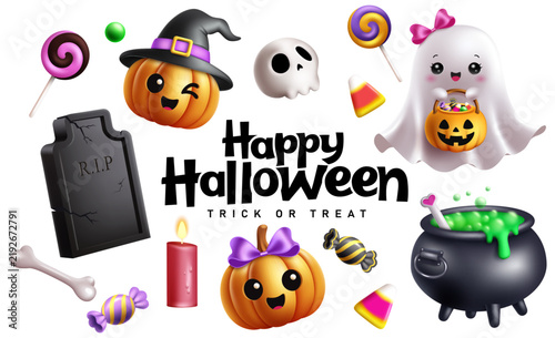 Cute Halloween Elements Clipart Collection. Coquette Halloween smiling pumpkins, adorable ghost with trick or treat candy bucket, witch hat, skull, tombstone, magic cauldron, candle, bone, lollipops 