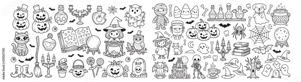 Fototapeta premium Hand-Drawn Halloween Doodles Collection Line Art With Pumpkins Witches Ghosts And Spooky Icons
