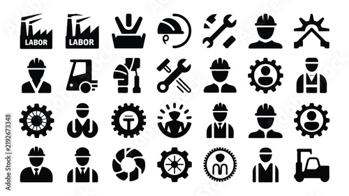 Black and white icons depicting various labor related professions and machinery in a modern flat design style with equipment associated labor industrial fields icons illustrate