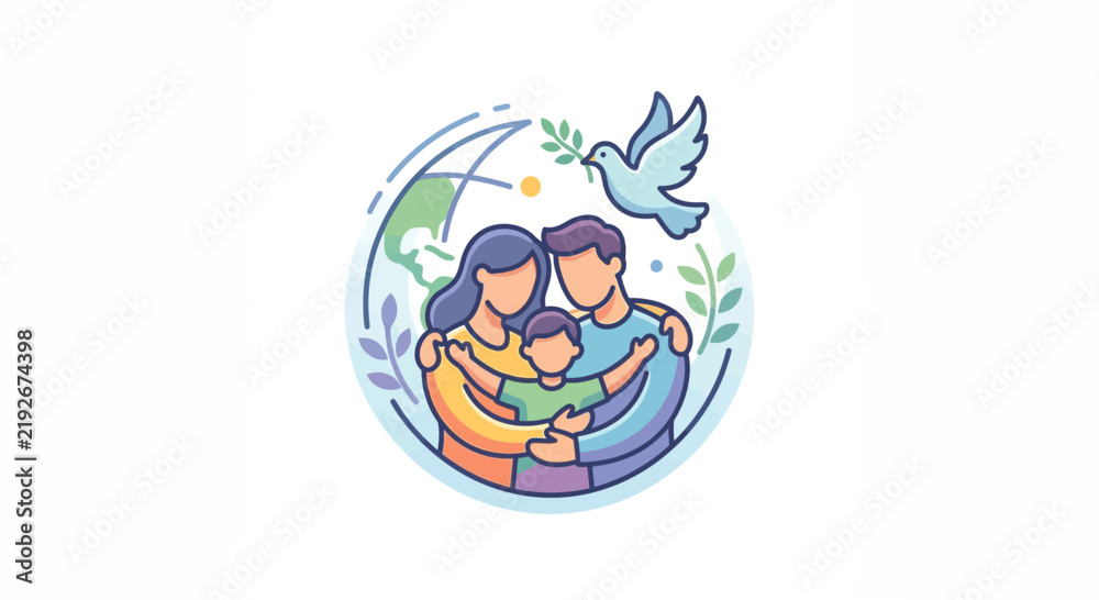 Obraz premium Family embrace within globe and peace dove circle