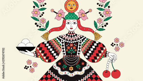 ukrainian folk art woman with floral crown and traditional dress