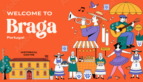 Welcome to Braga, Portugal, illustration of people having fun in the city