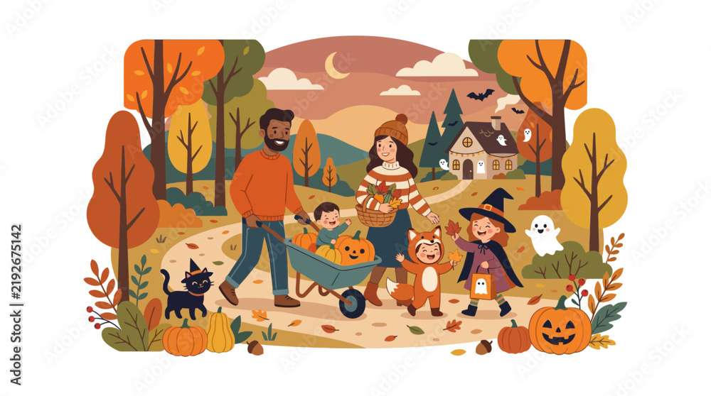 Fototapeta premium Family walking in woods with pumpkins on Halloween night.