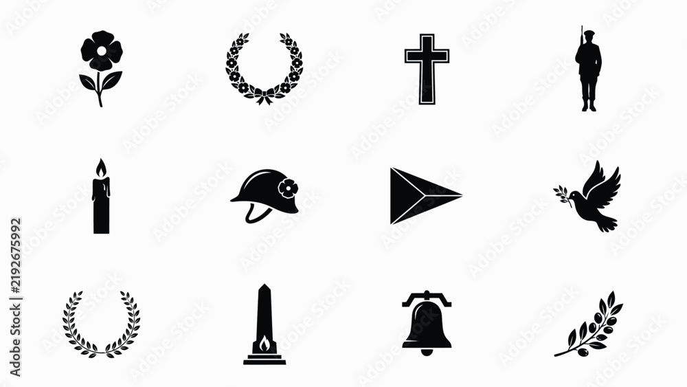 Naklejka premium Black and white symbolic icons collection with represent historical religious religious memorial symbols nine distinct black illustration traditional remembrance monument