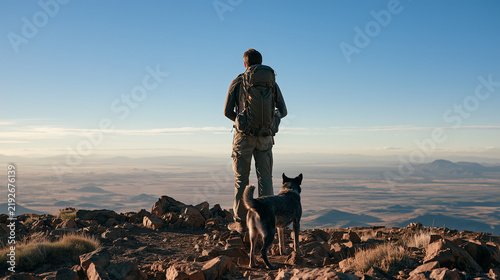Backpacker with dog on mountain summit overlooking landscape at sunrise