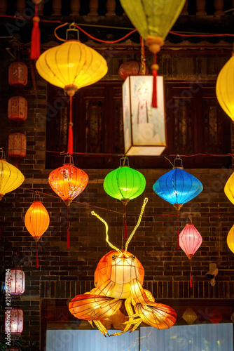 Festival lanterns. Night view of Yaxiang Street, Liaobu, Dongguan, China.