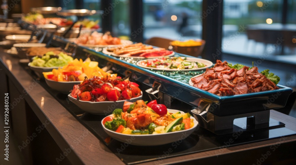 Obraz premium A beautifully arranged platter features a variety of colorful vegetables, tender meats, and decorative garnishes set against a serene dining environment suitable for gatherings.