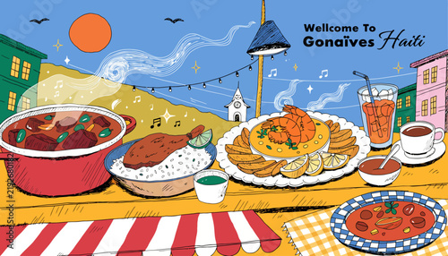 Haitian Food & Gonaives Cityscape Illustration - Caribbean Culinary Delight