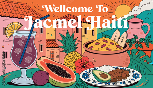Welcome To Jacmel Haiti: Tropical Fruit, Food and Village Scene Illustration