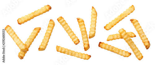 Falling crinkle cut fries isolated on transparent background