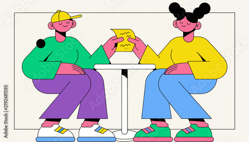 Two people at table exchanging information, modern flat illustration