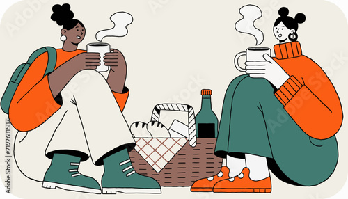 Two friends enjoying coffee during a picnic, illustration flat design