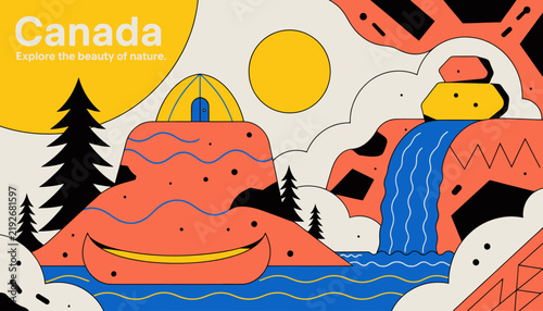 Vibrant Canadian Nature Landscape Illustration with Tent, Waterfall, and Canoe