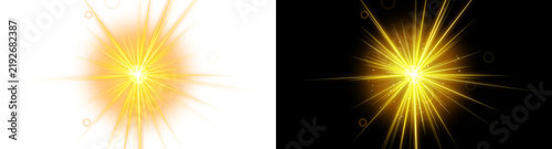 Foto A bright golden sunburst light effect with radiating beams and small sparkling p