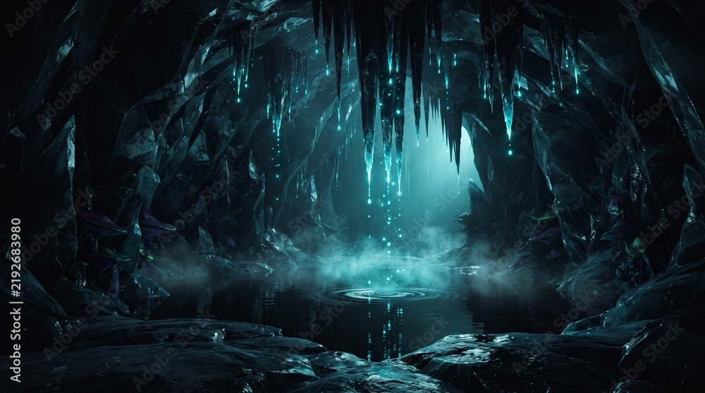 Obraz premium Dark mystical ice cave cavern filled with glowing blue light and hanging frozen stalactites