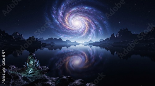 Majestic spiral galaxy shining in dark starry night sky reflecting over calm mountain lake water