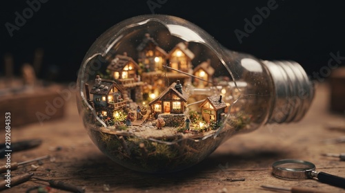 Miniature cozy glowing winter village with wooden houses enclosed inside glass lightbulb diorama