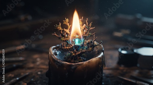 Small warm glowing candle flame burning inside ornate dark metallic decorative holder close-up