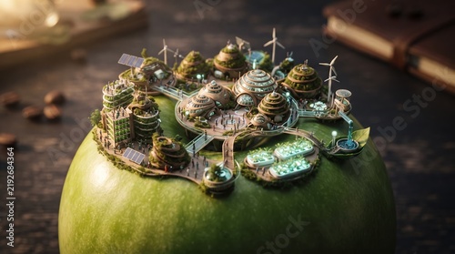 Isometric view of futuristic eco-friendly green energy base or colony on grassy terrain