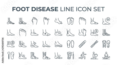 Foot disease line icon set vector graphic showing various medical conditions and orthopedic care treatment methods