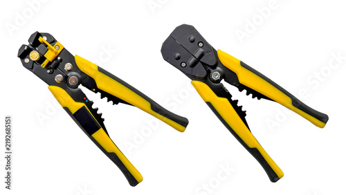 Canvastavla Pair of yellow wire stripper and crimper tools isolated on white background, electrician hardware, professional repair equipment
