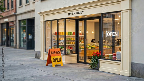 Modern fresh food shop storefront with open signs, colorful produce display and elegant glass on an urban street