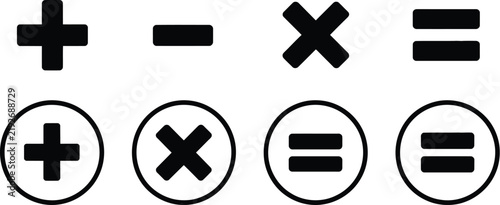 Foto Plus, minus multiply divide equal sign icon set, addition, subtraction, multiplication, division and equality symbols for math education and digital design