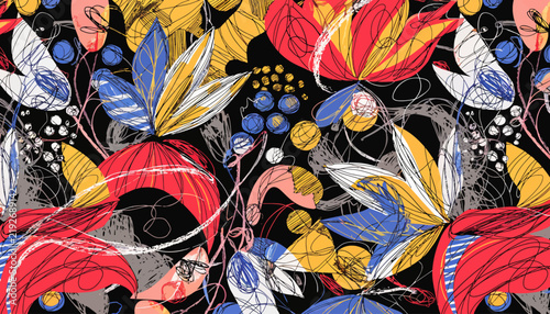 vibrant floral pattern with colorful leaves and flowers