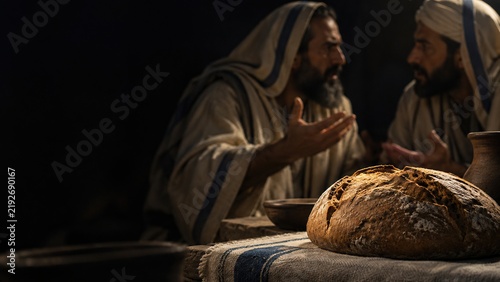 Two ancient men in robes debating near fresh bread on wooden table. Biblical scene of disciples murmuring over bread of life teaching.
