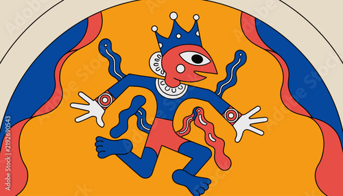 Whimsical King Character Dancing with Abstract Shapes