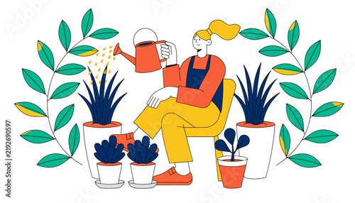 Woman Watering Plants, Healthy Lifestyle, Home Gardening Illustration