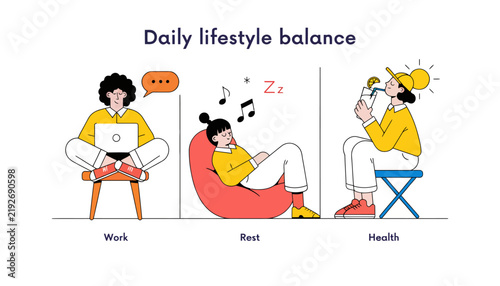 Work, Rest, Health: Daily Lifestyle Balance Cartoon Illustration