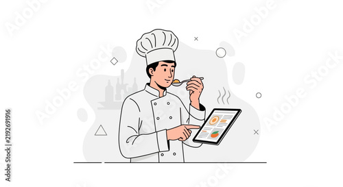 Chef tasting food while looking at a recipe on a tablet, vector illustration.
