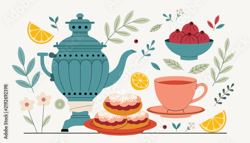 Traditional Samovar with Tea Cup, Pastries, Fruits and Flowers - Flat Design