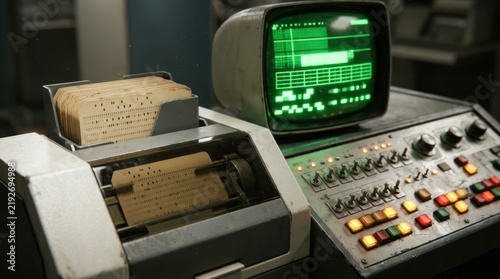 Vintage retro computer with green CRT monitor and punched cards
