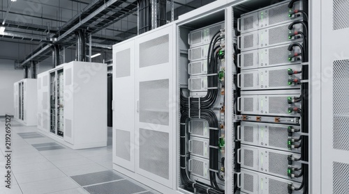 Modern server rack cabinets with heavy cabling in a data center