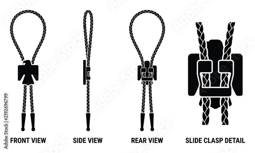 Western style bolo tie necklace with eagle design front side rear and clasp detail.