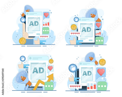 Social media advertising set featuring online ad campaigns, website traffic, customer conversions and sales growth for digital marketing strategies with modern vector icons
